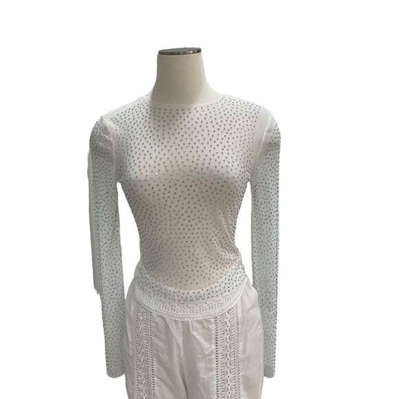 Small Rhinestone Embellished Sheer Mesh Top Party Glam Clubbing Festival Evening - Picture 8 of 8